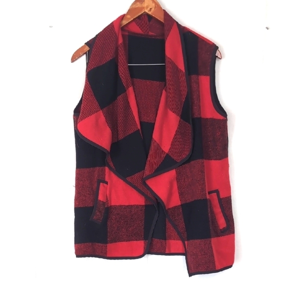 None Jackets & Blazers - Red Black Buffalo Plaid Swing Collar Fleece Vest Size Large